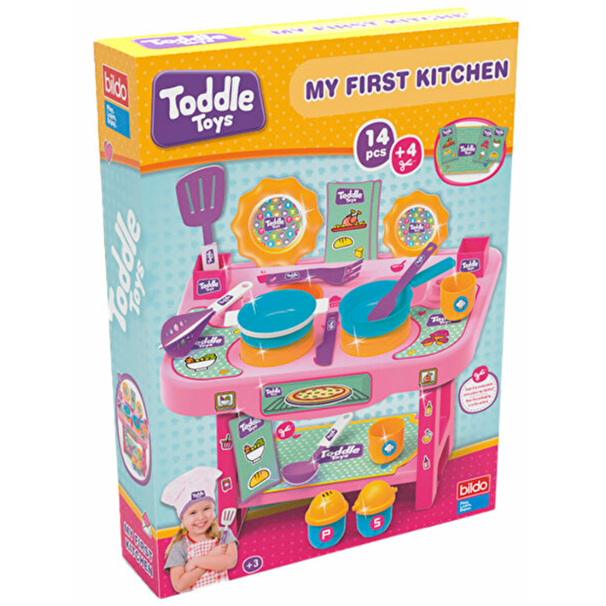 Caja de una cocinita de juguete con utensilios, platos, vasos y una niña chef.