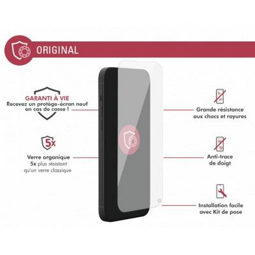 Image of a phone screen protector with text highlighting its features.