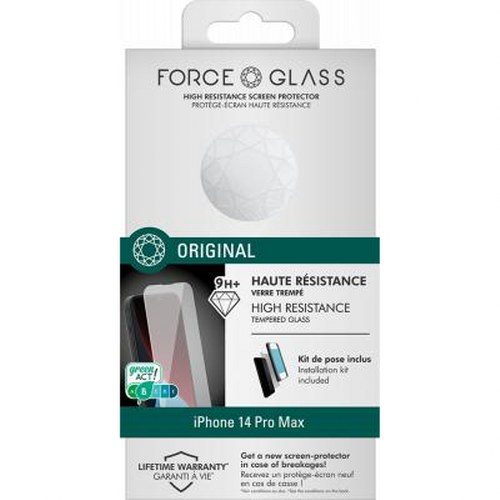 Packaging for an iPhone 14 Pro Max tempered glass screen protector.