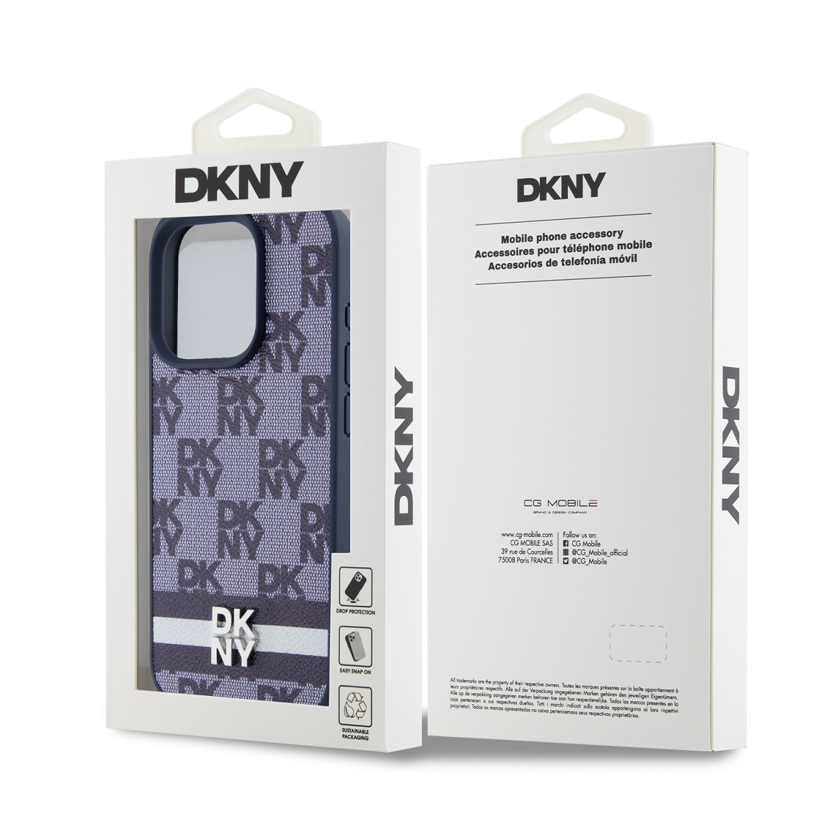 Custodia per telefono DKNY presentata nella sua confezione brandizzata.