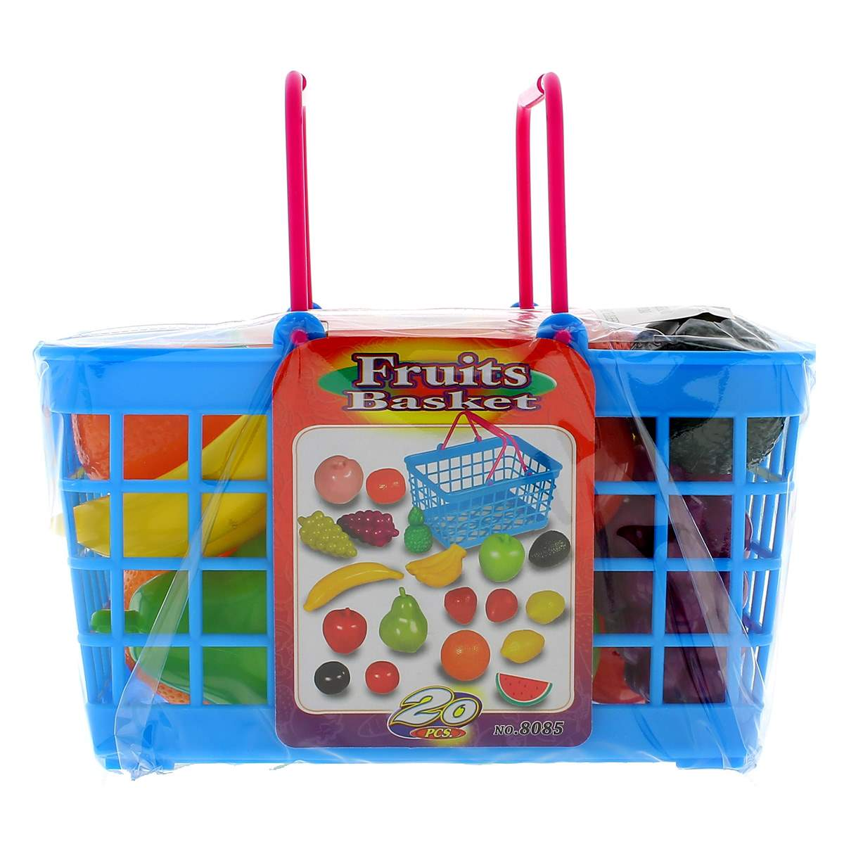 Una cesta de frutas de juguete azul con frutas plásticas coloridas y una etiqueta.