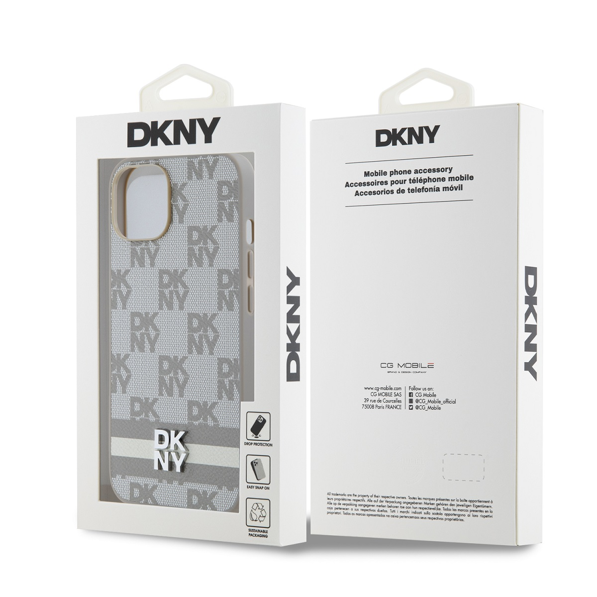 Custodia per telefono DKNY con motivo monogramma in confezione, con informazioni sul prodotto.