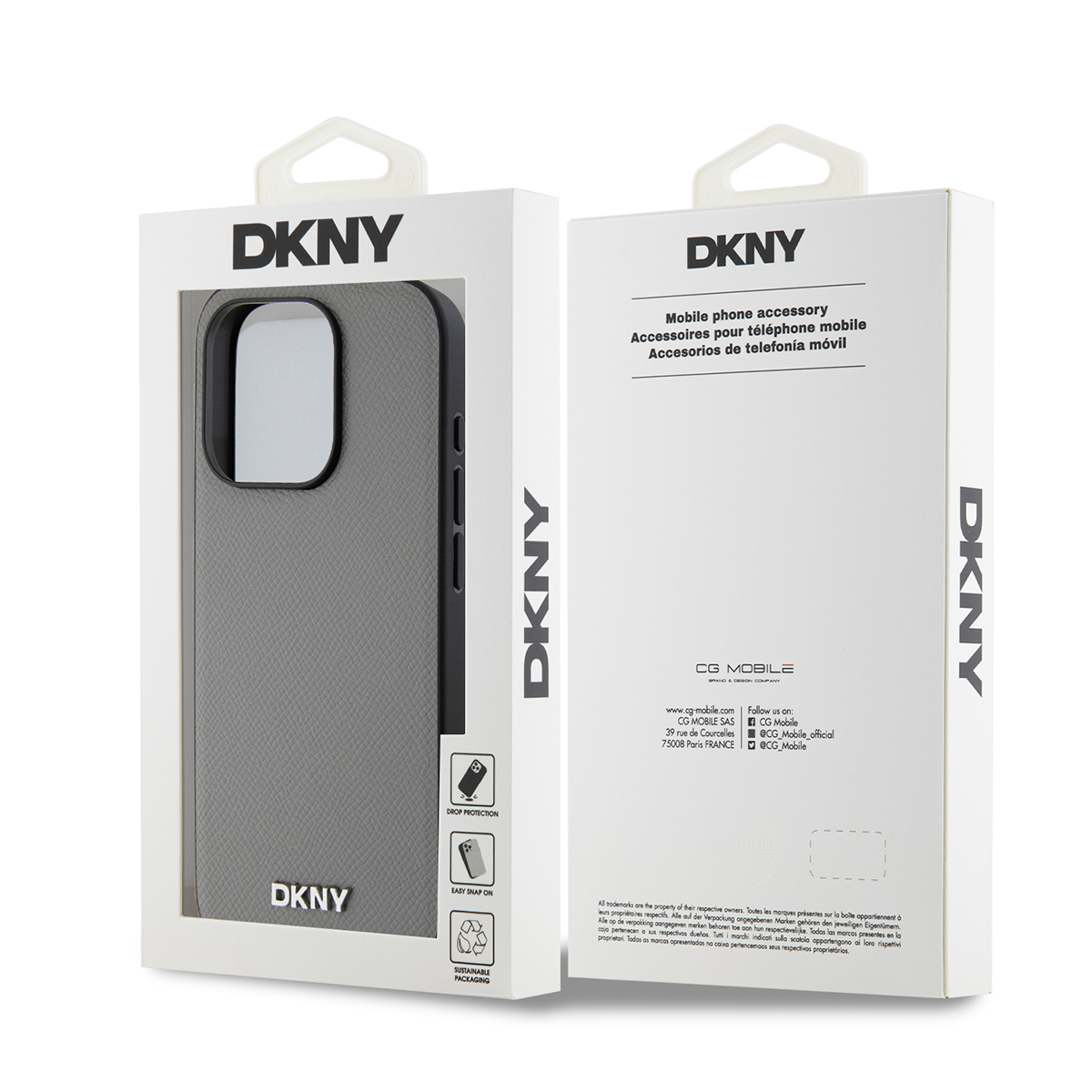 Custodia grigia DKNY per telefono in confezione con info e loghi.