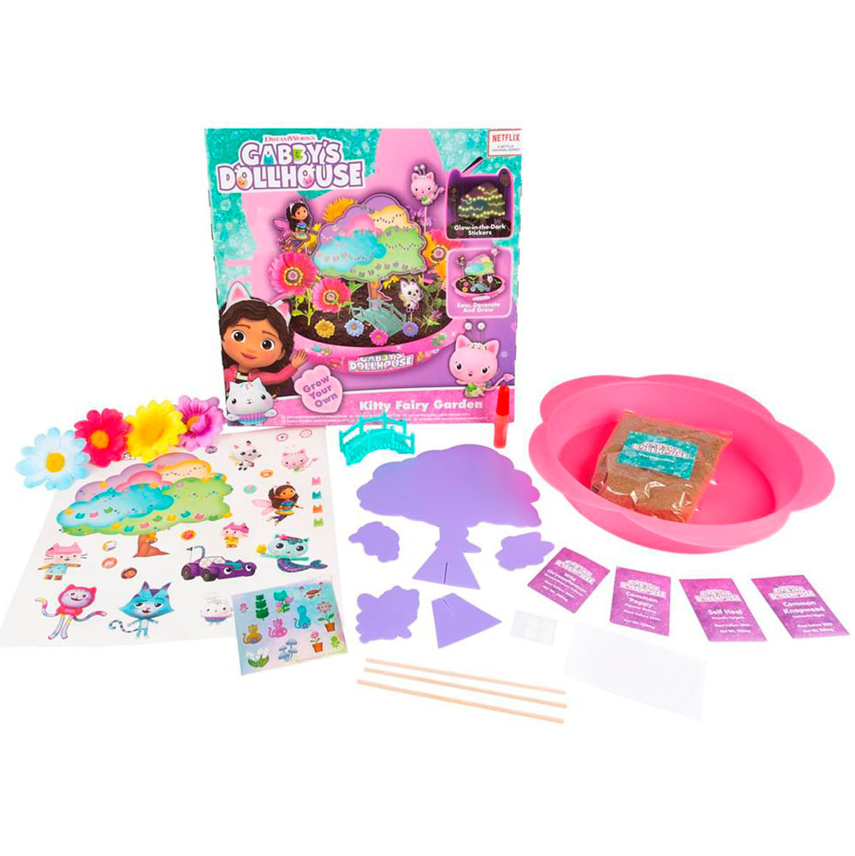 Kit de juguete Gabby's Dollhouse Kitty Fairy Garden con pegatinas, flores y cuenco rosa.