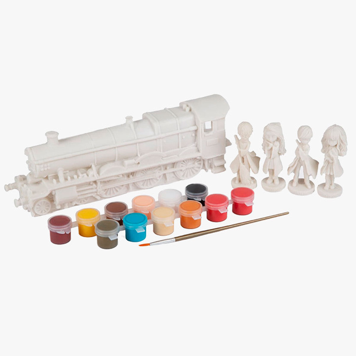 Tren modelo blanco, cuatro figuras y diez potes de pintura con pincel.