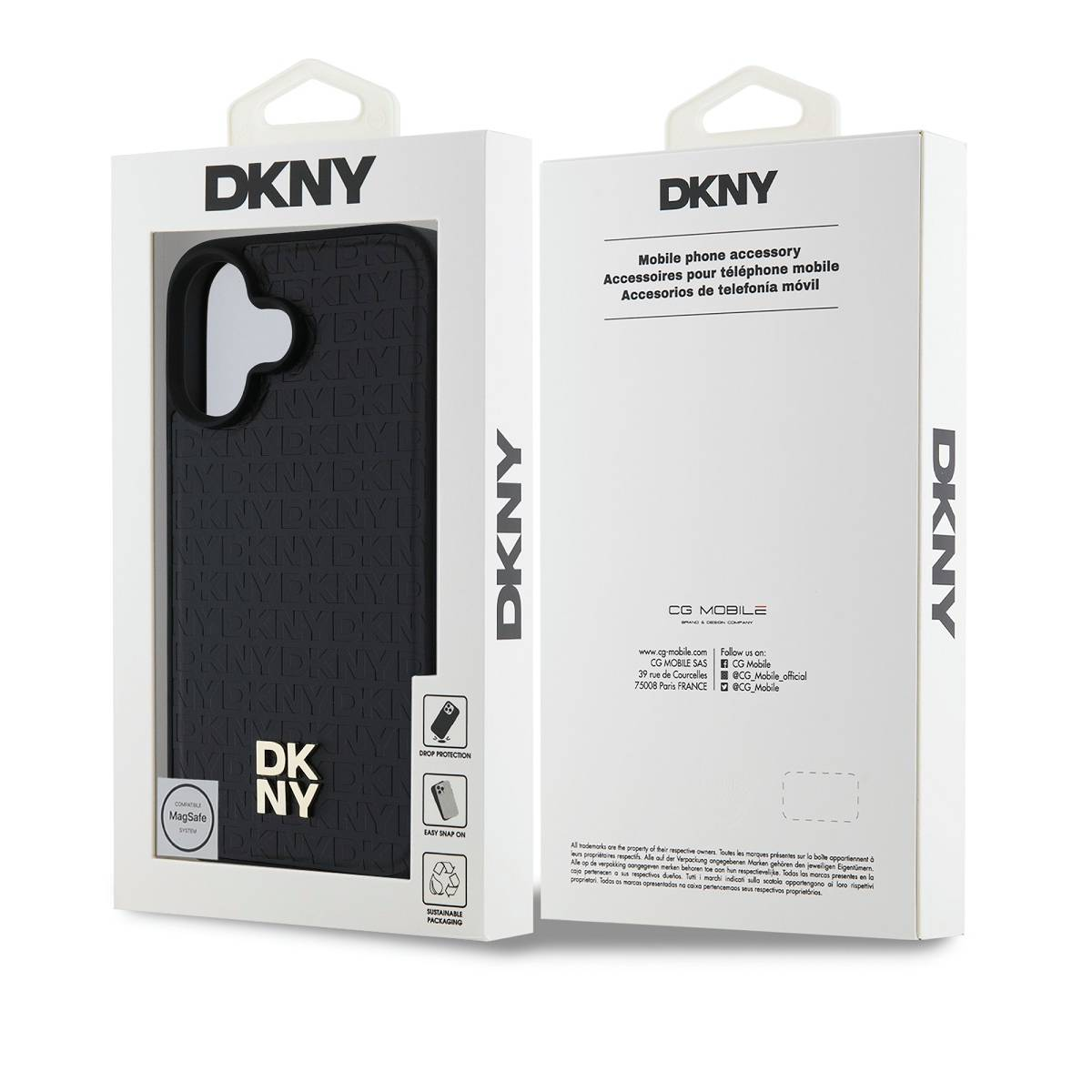 Custodia nera DKNY con logo DKNY ripetuto, su confezione bianca.
