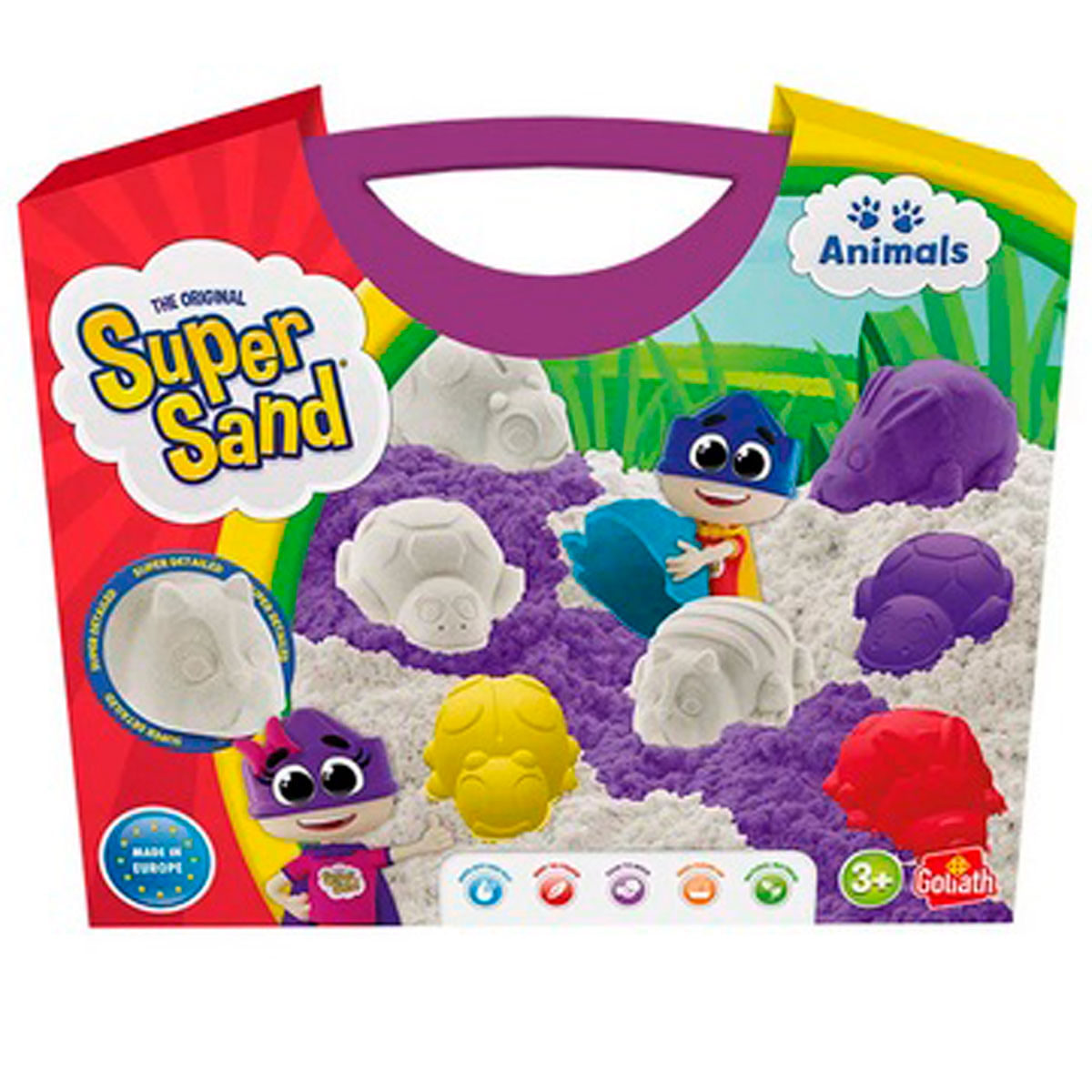 Juego Super Sand Animals con moldes, arena morada y figuras de juguete.