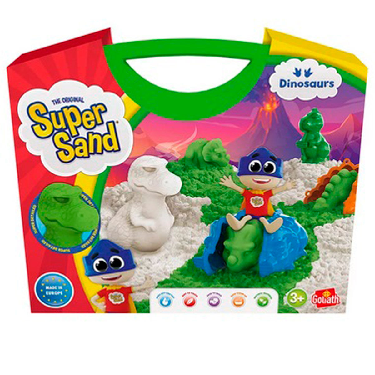 Super Sand Set de dinosaurios con figuras, arena y telón de fondo de volcán.