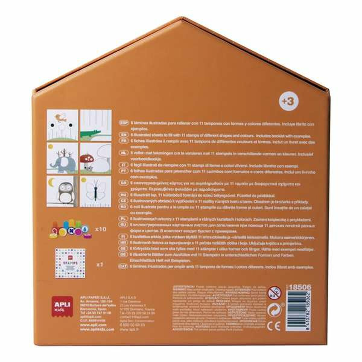 Una caja de manualidades con 11 sellos, plantillas y colores para niños.