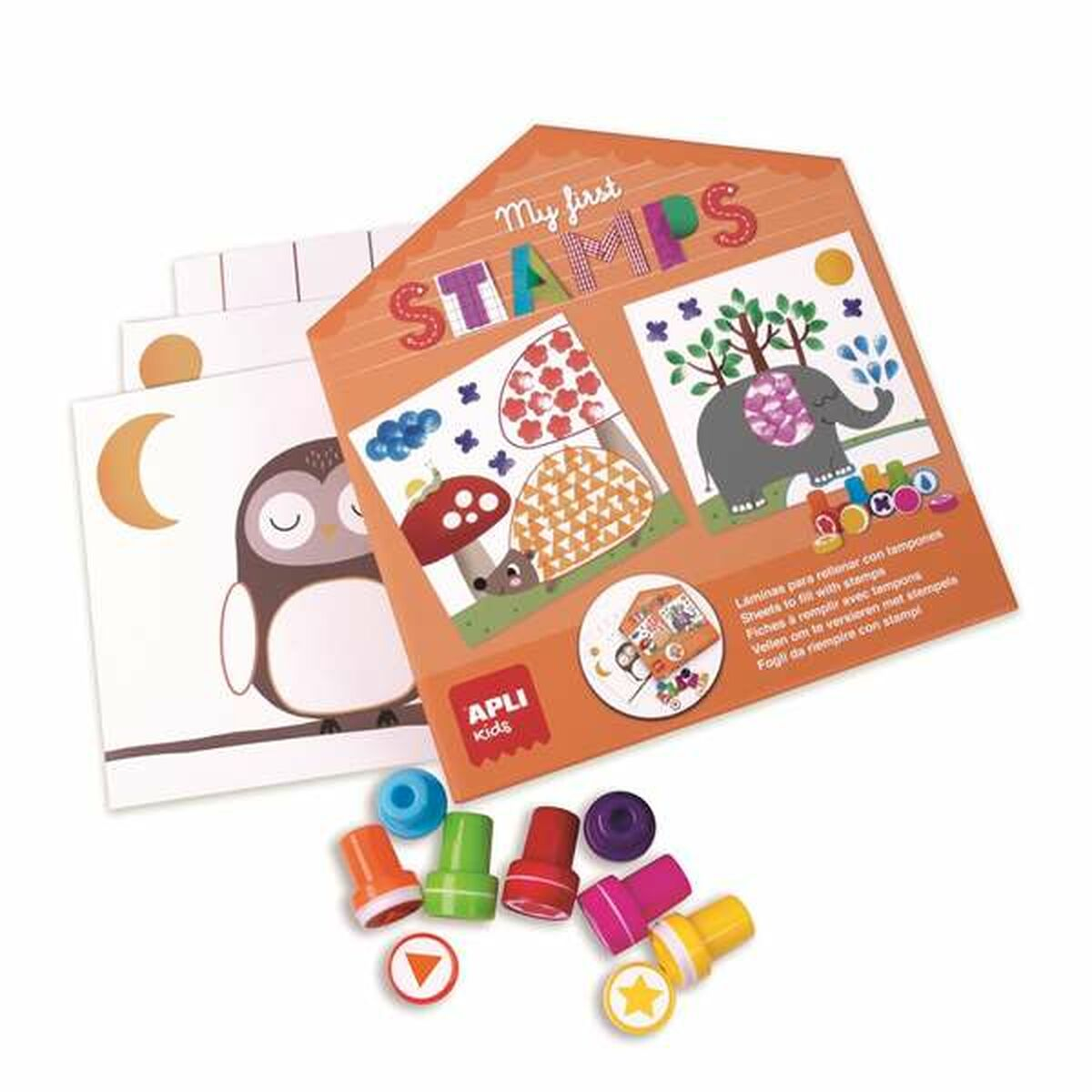 Un set de sellos para niños con un lindo estampado de búho y sellos coloridos.