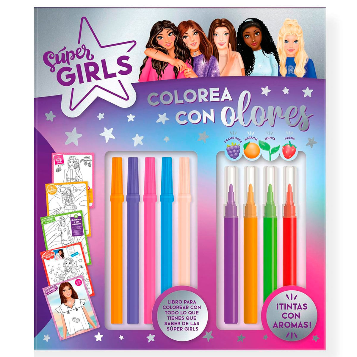 Set de colorear Super Girls con 4 rotuladores y 4 rotuladores aromáticos.