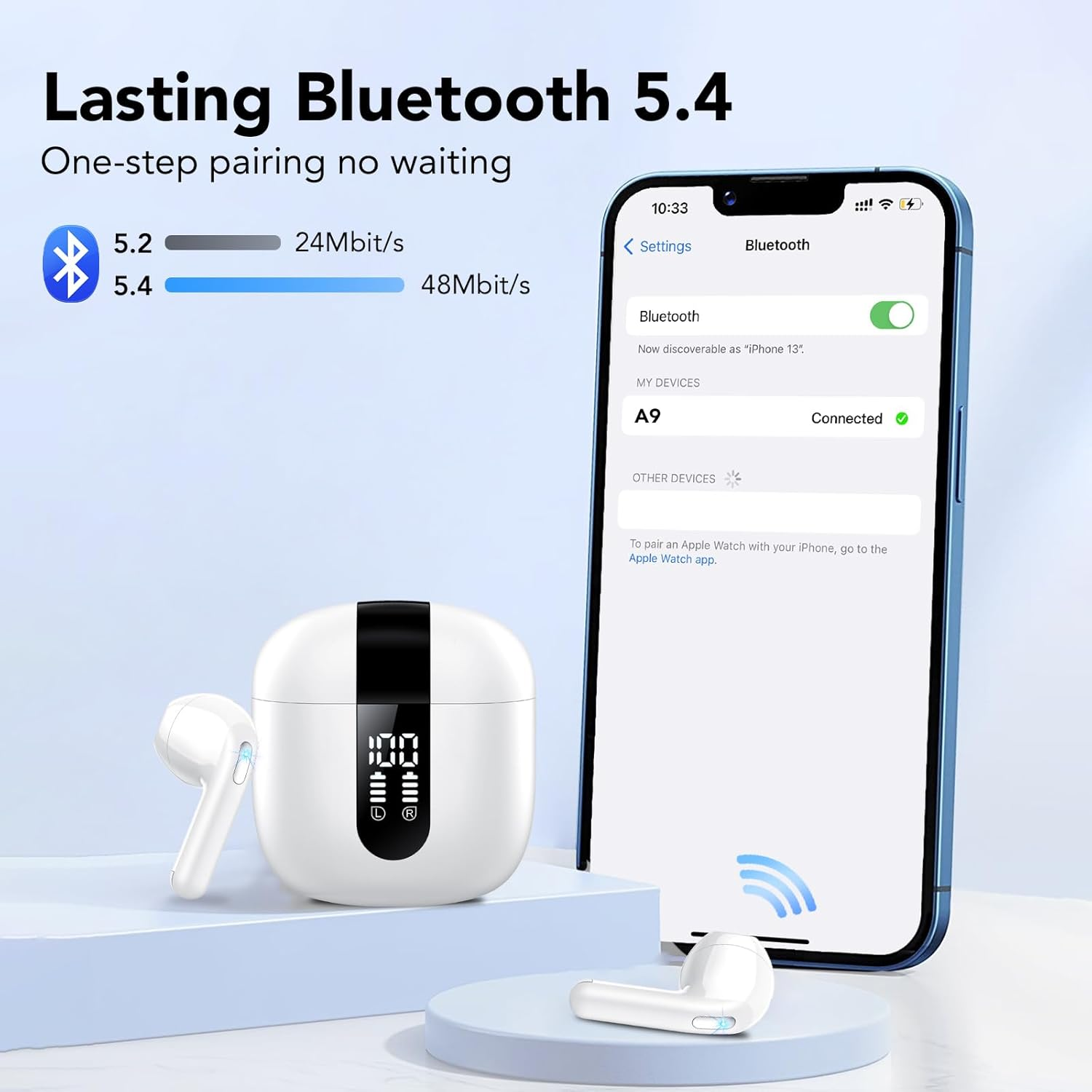 Weiße kabellose Ohrhörer mit Ladecase und iPhone, das Bluetooth-Einstellungen anzeigt.