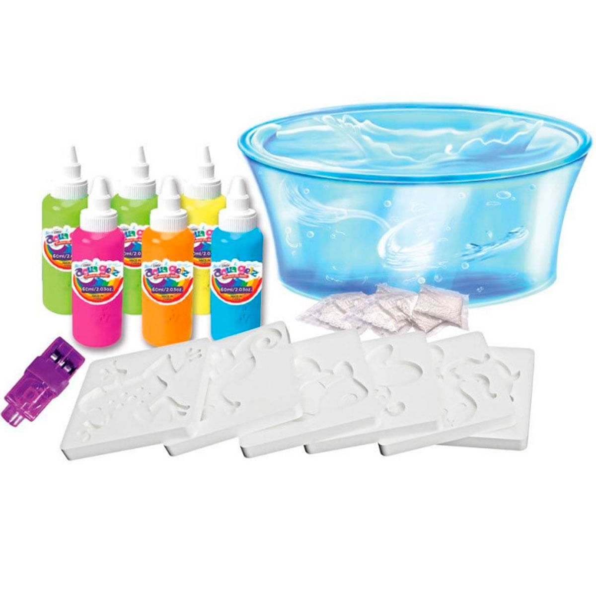 Un kit de manualidades con líquidos coloridos, moldes y un recipiente con agua.