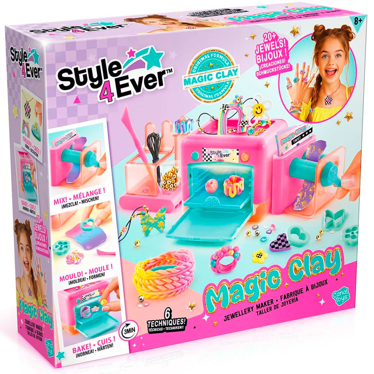 Caja de máquina de joyería de juguete con máquina rosa, cuentas coloridas y una niña sonriente.