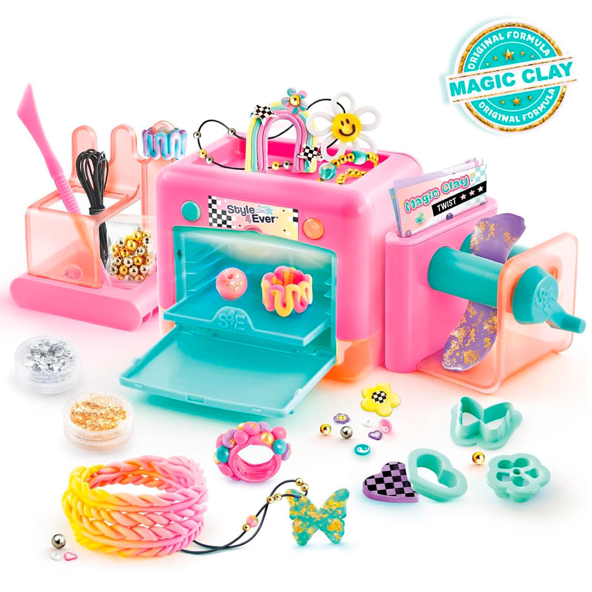 Un kit de manualidades rosa con un horno que crea creaciones coloridas.