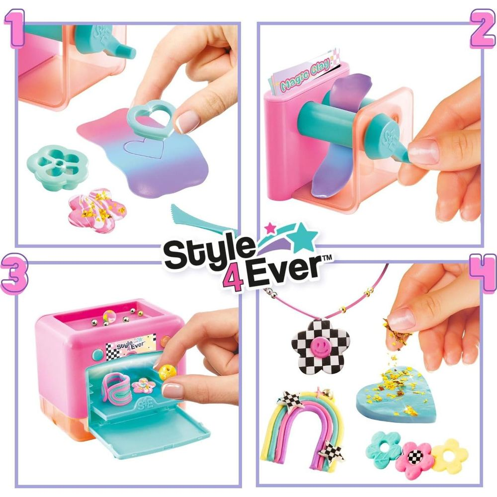 Cuatro escenas muestran manualidades con arcilla mágica: moldear, extruir, hacer pequeños objetos y joyas.