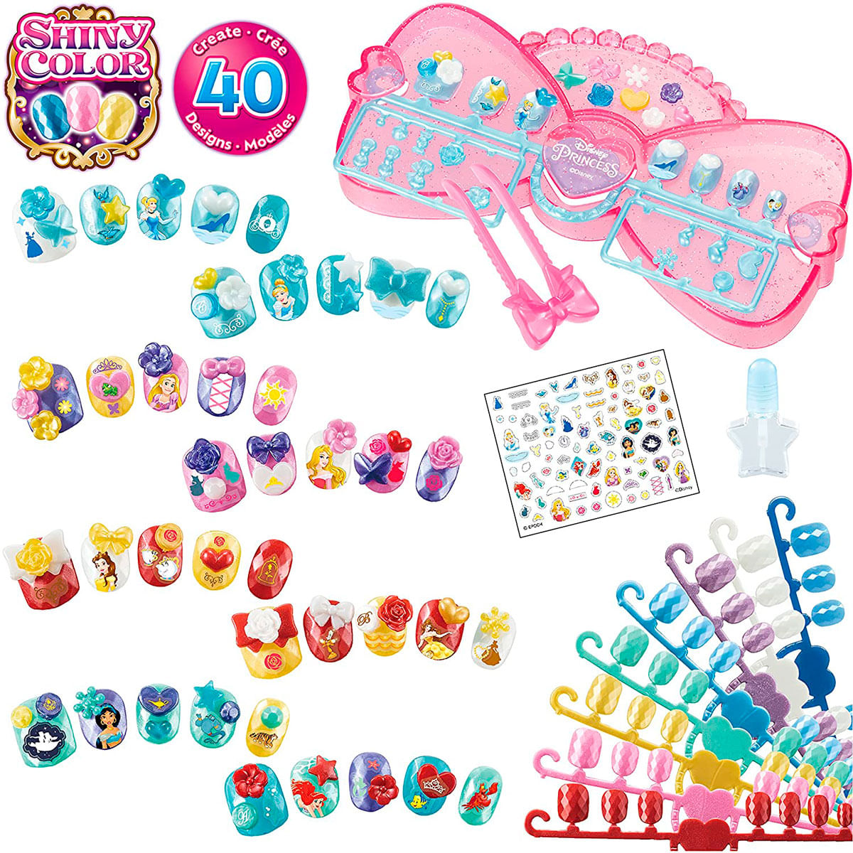 Kit de uñas de Princesas Disney con muchas uñas postizas coloridas, pegatinas y herramientas.