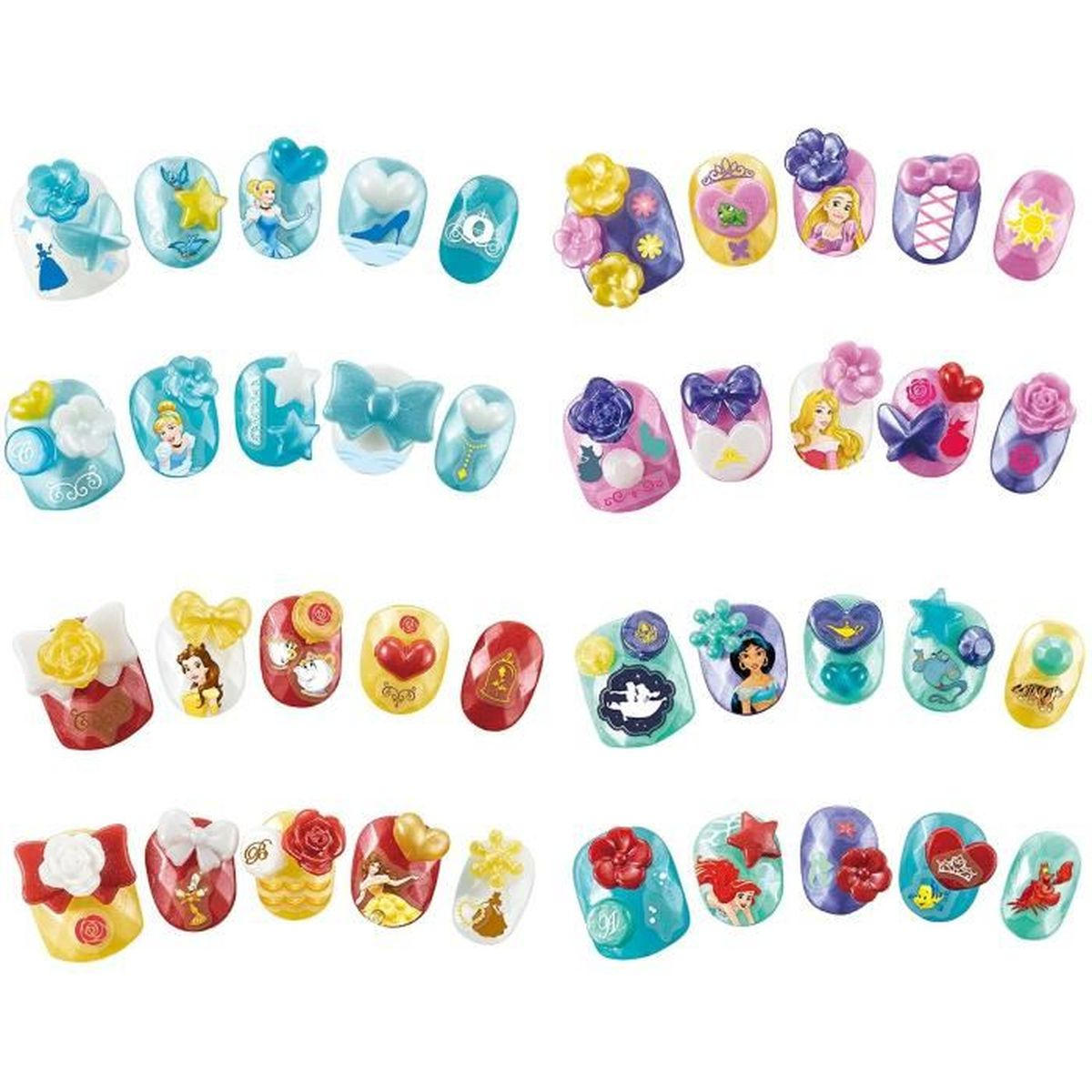Uñas decorativas con motivos de princesas Disney y diseños coloridos.