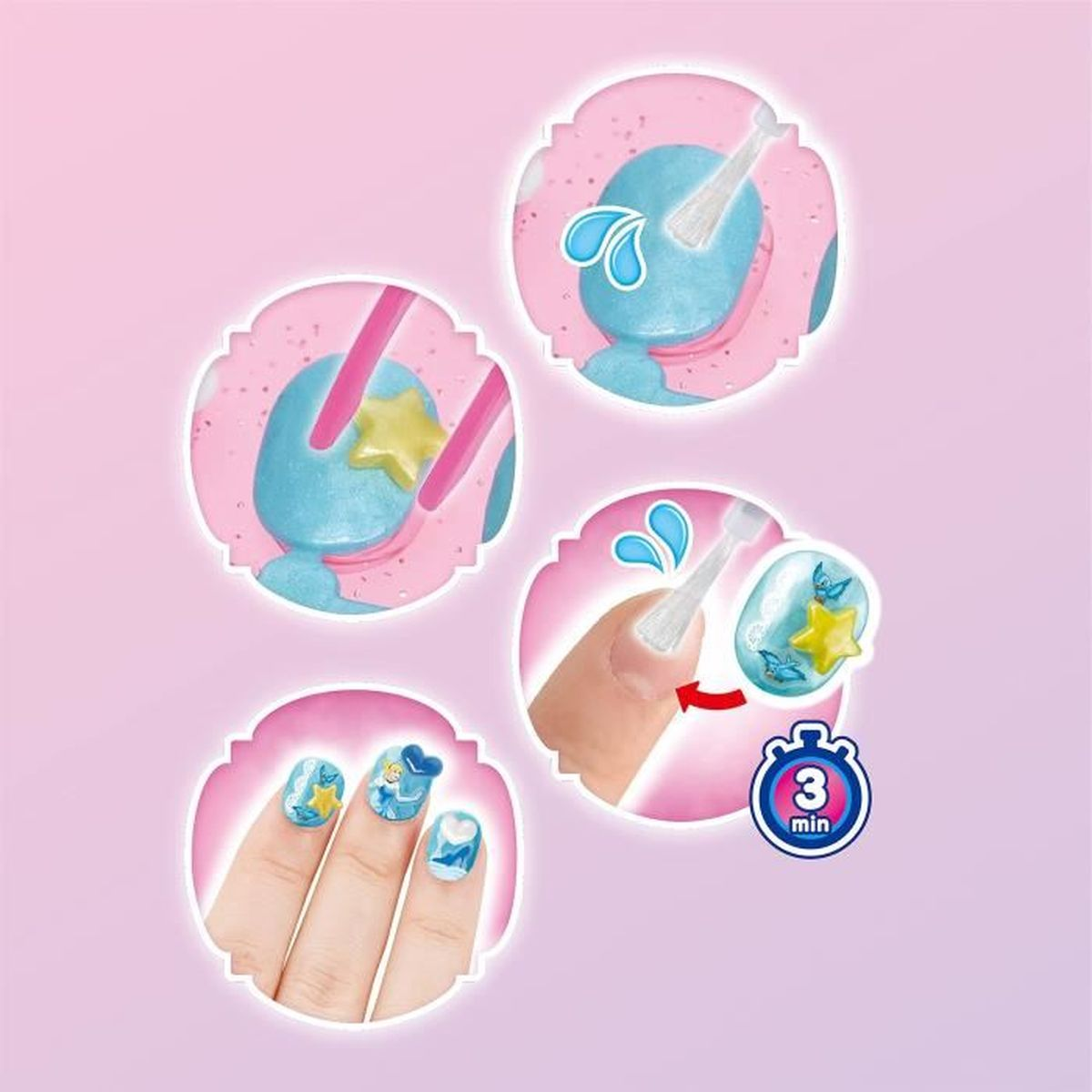 Pasos para decorar uñas con pegatinas azules y amarillas y purpurina.