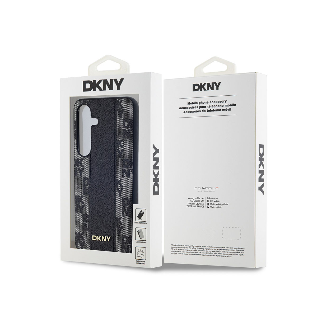 Custodia per telefono DKNY in confezione, motivo nero, con logo e informazioni prodotto.