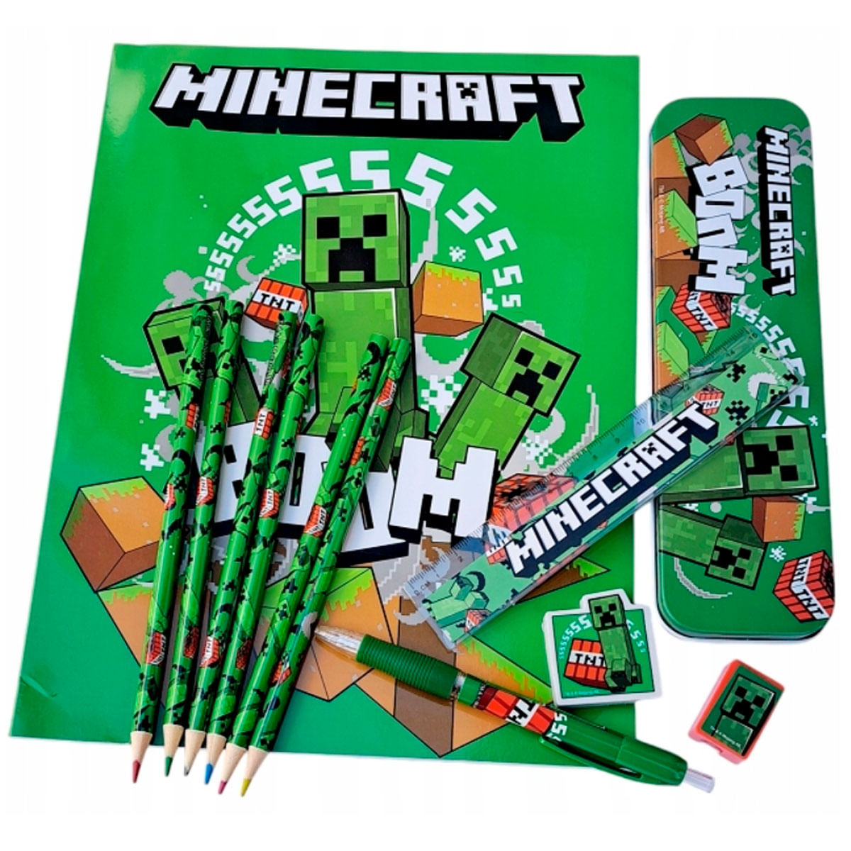 Set de papelería de Minecraft con temática de Creepers: cuaderno, lápices, regla, estuche, borrador.