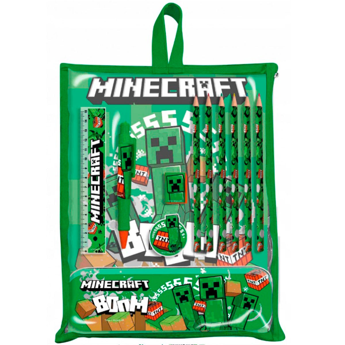 Estuche verde de Minecraft con regla, bolígrafo y lápices.