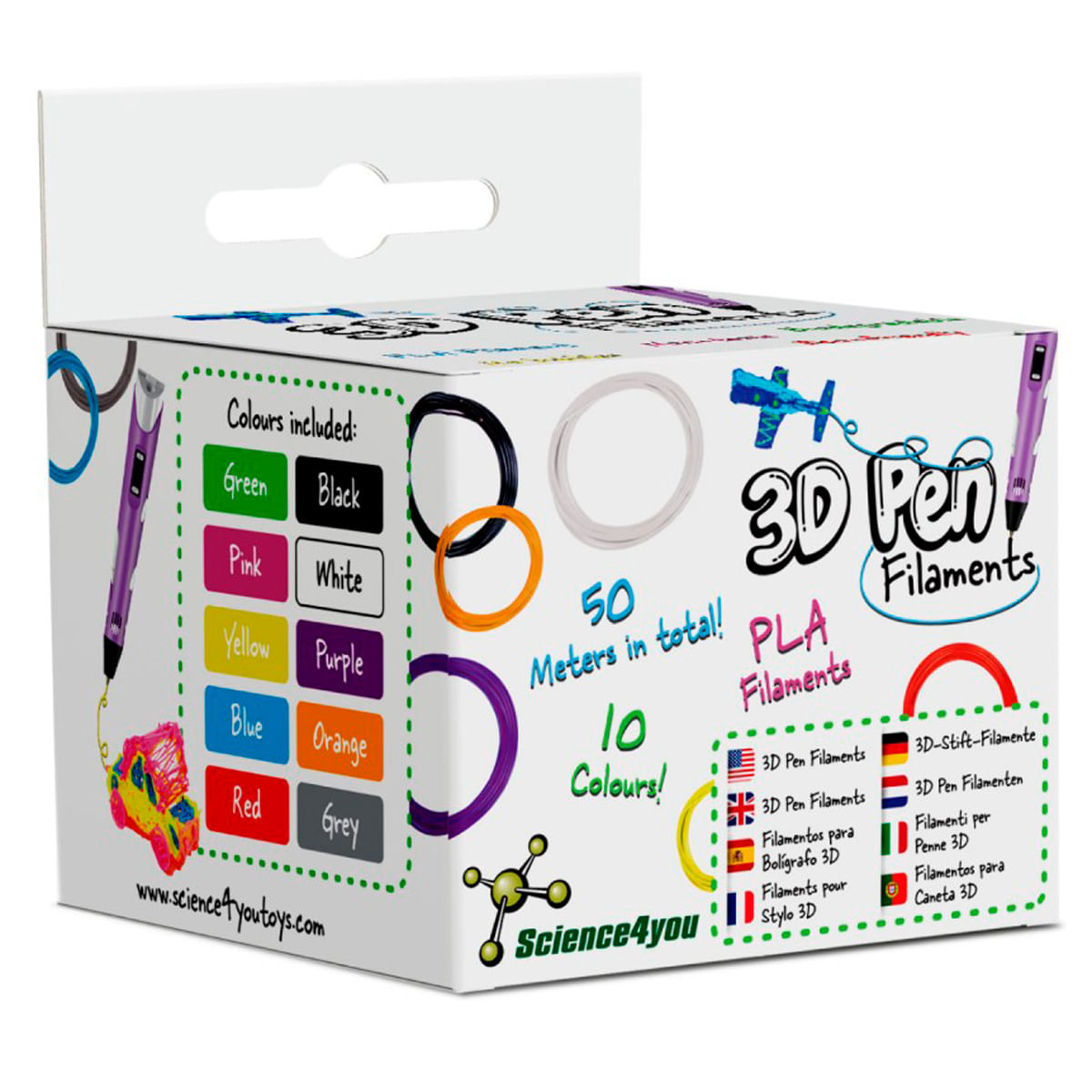 Caja de filamentos para bolígrafo 3D con colores: Verde, Negro, Rosa, Blanco, Amarillo, Morado, Azul, Naranja, Rojo, Gris.