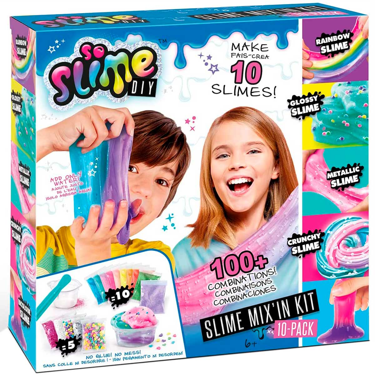 Un kit de bricolaje de Slime con niños haciendo slime y varios tipos de slime.