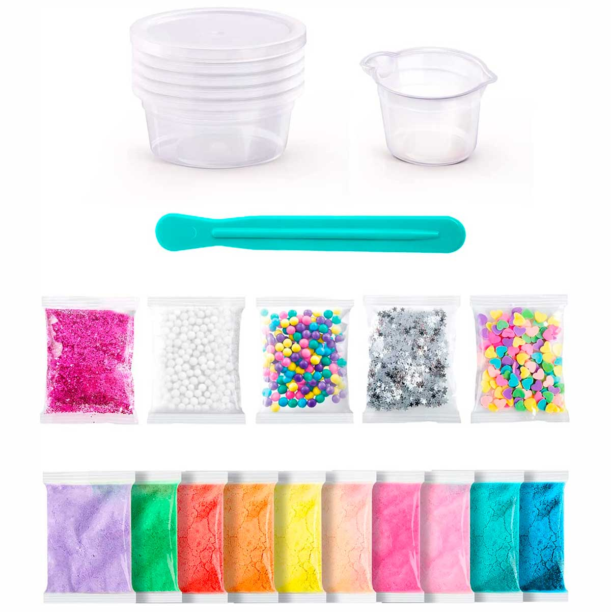 Un kit para hacer slime con recipientes, vaso medidor, espátula, purpurina, cuentas y polvos.