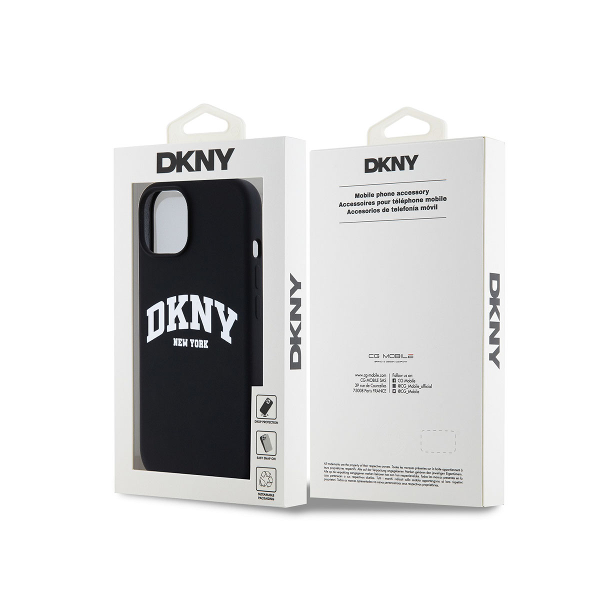 Custodia nera DKNY in confezione bianca con logo e testo.