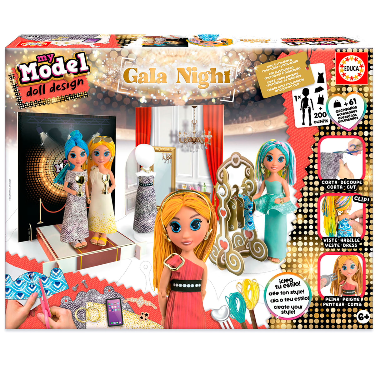Caja de juguetes para muñecas de moda titulada 'Gala Night'. Muestra muñecas, vestidos y accesorios.