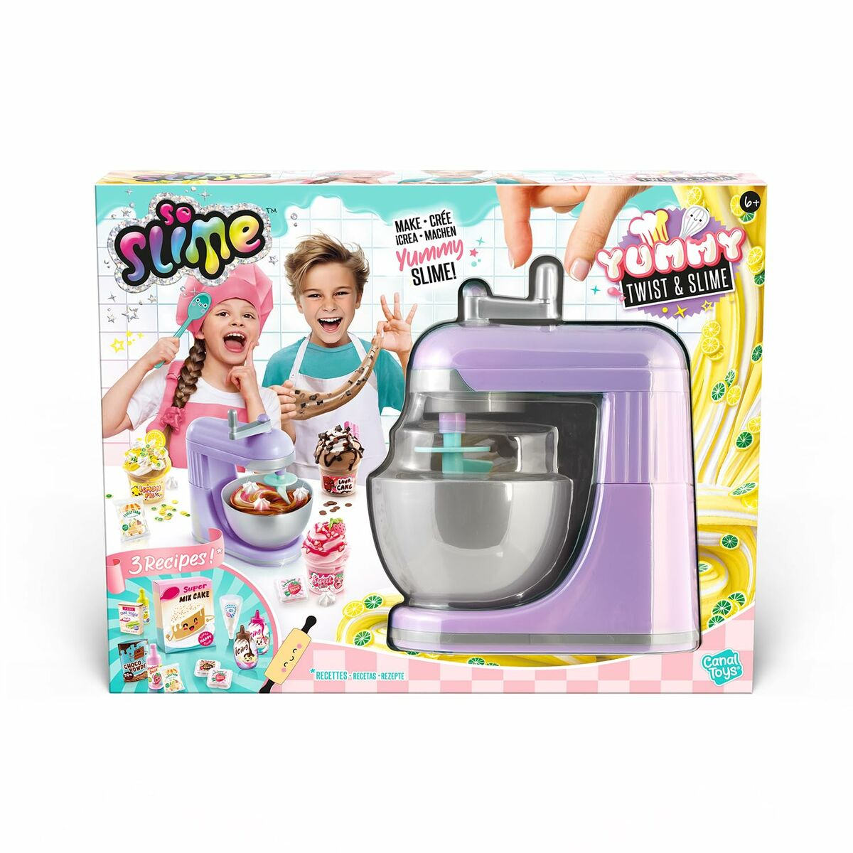 Un batidora morada con niños haciendo slime. Incluye recetas.