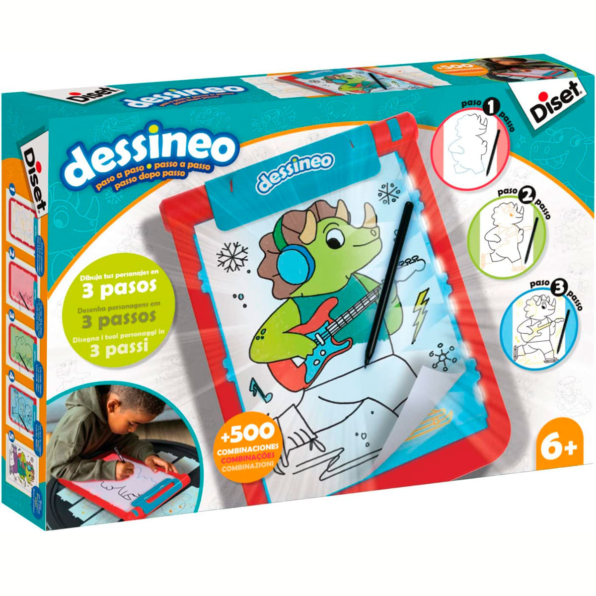 Embalaje de juguete de dibujo con dinosaurio tocando guitarra. Muestra instrucciones paso a paso.