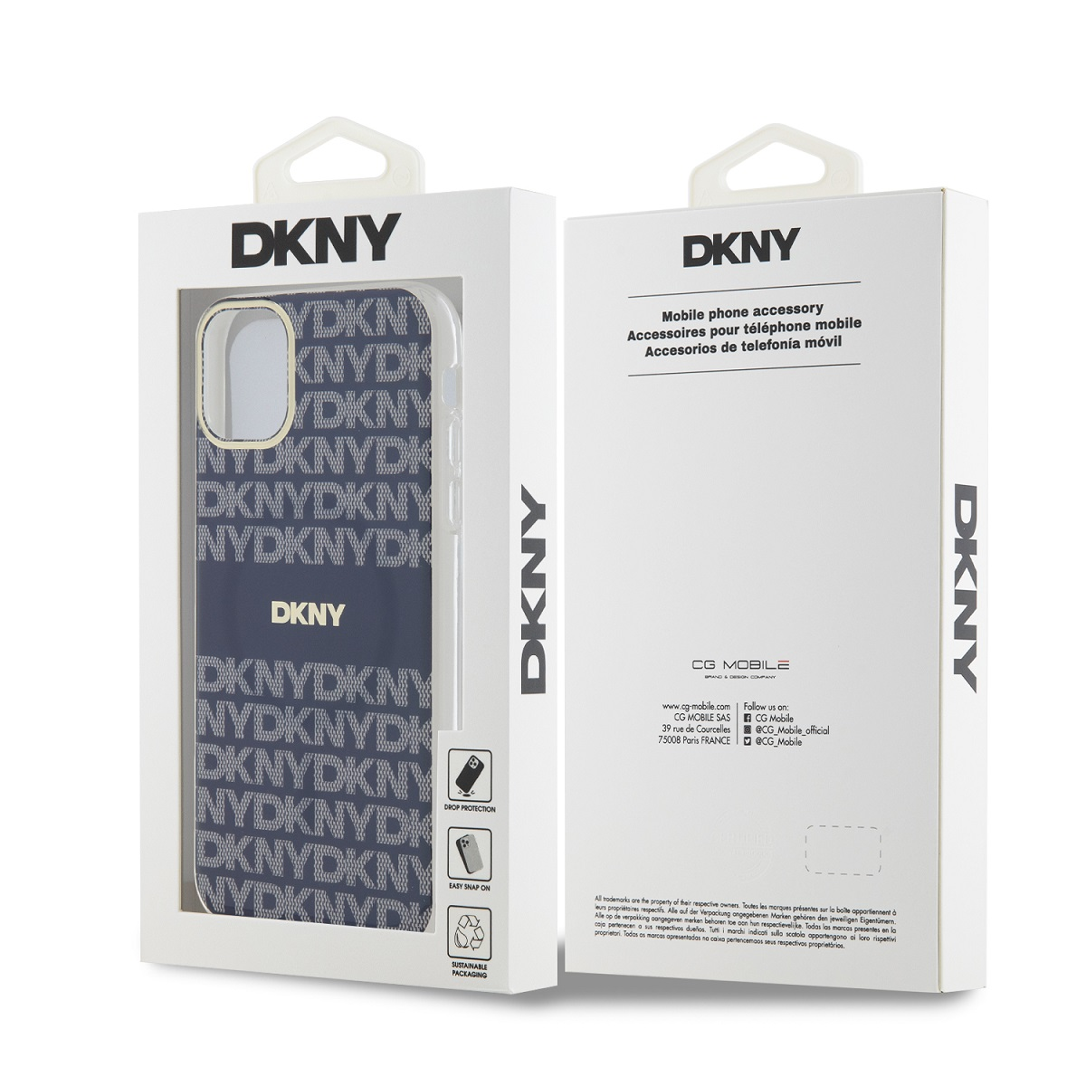 Custodia per telefono DKNY in confezione con descrizione multilingue e logo.
