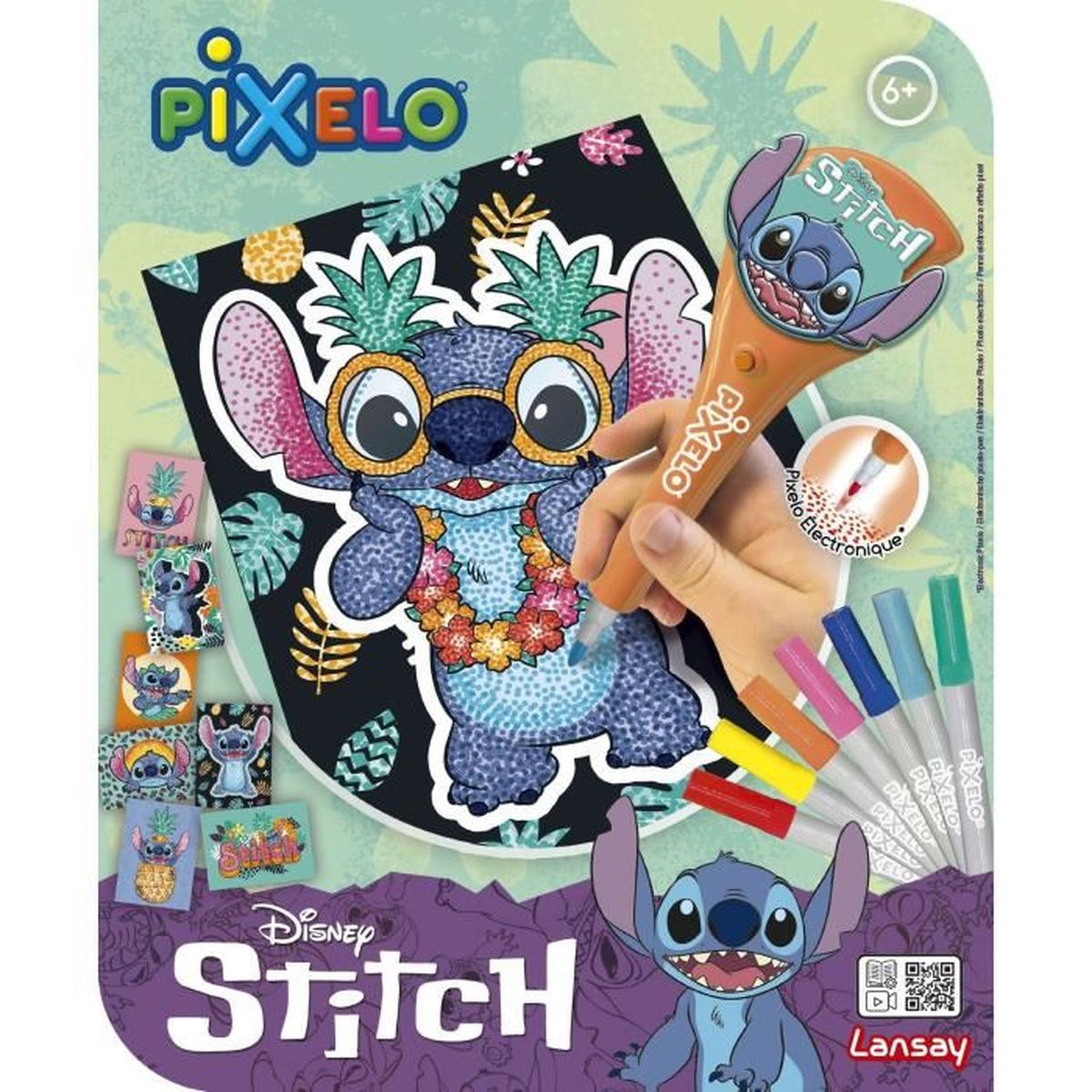 Lápiz de dibujo Pixel con Stitch sobre fondo negro, con bolígrafos e instrucciones.