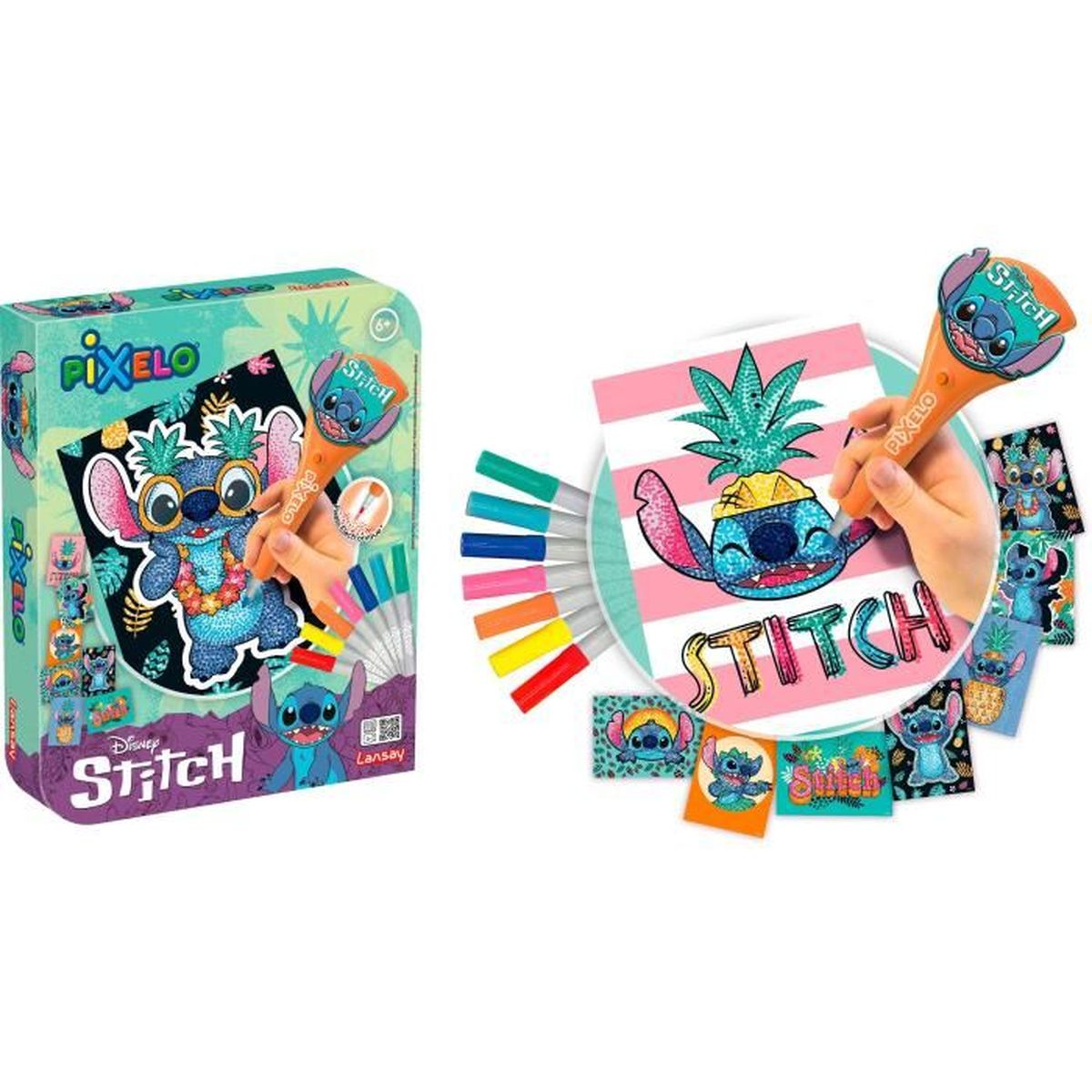 Kit de manualidades de Stitch con bolígrafo y muchas imágenes pequeñas de Stitch.