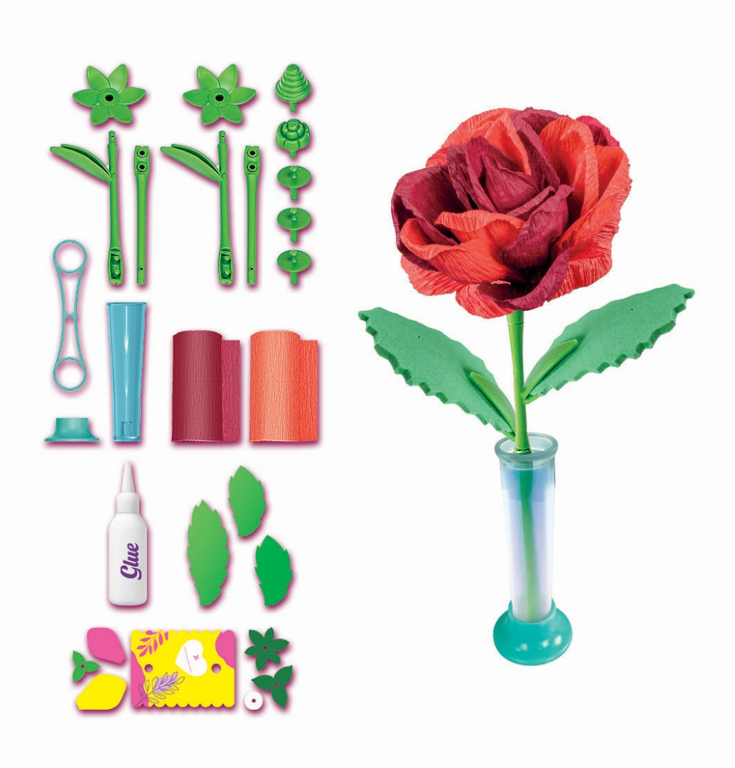 Kit de manualidades para una rosa roja con tallo, hojas y jarrón. Componentes separados.
