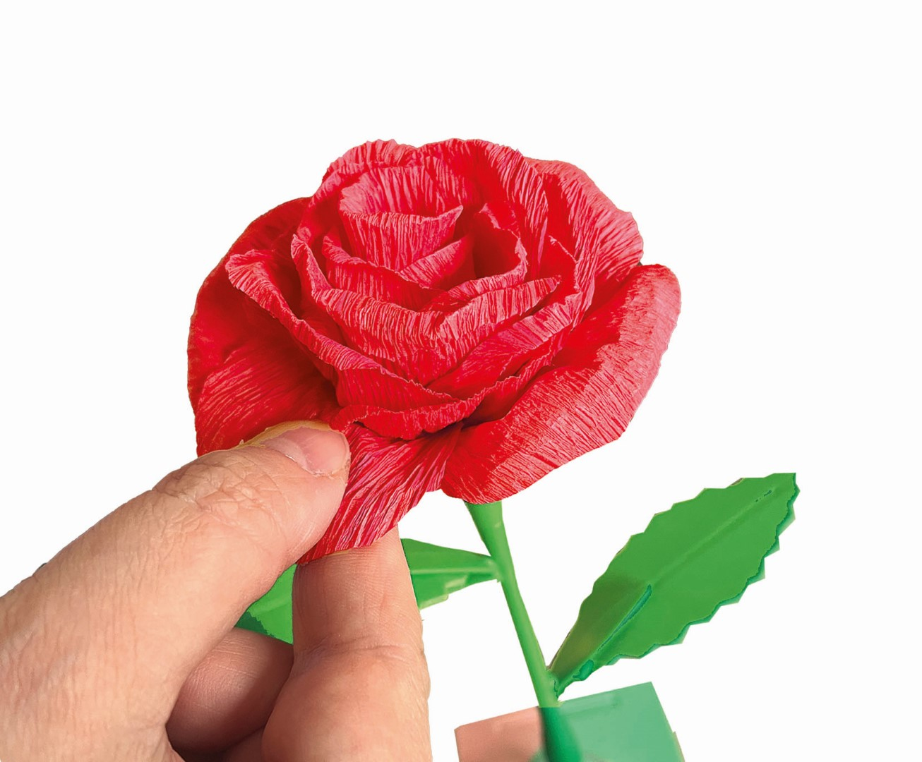 Una mano sostiene una rosa roja de papel con hojas y tallo verdes sobre fondo blanco.
