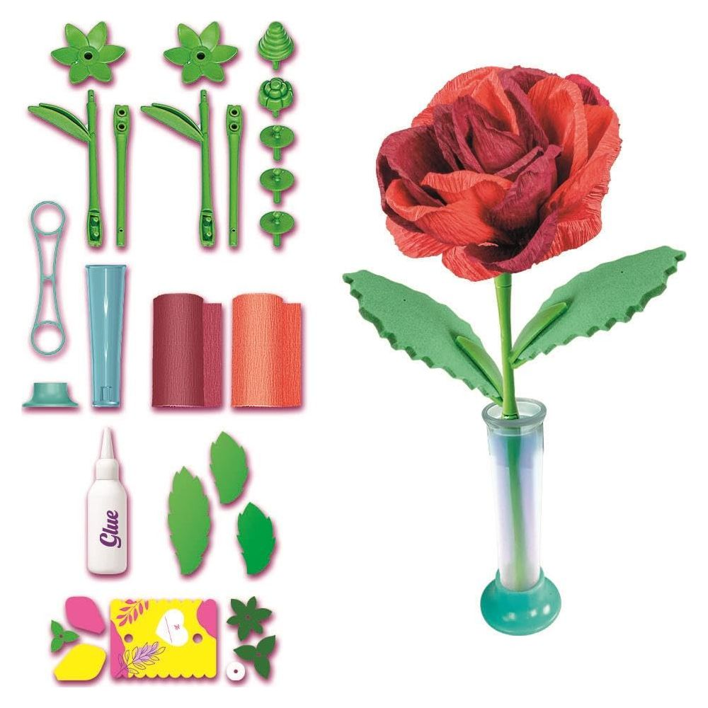Kit de manualidades para una rosa roja con materiales y herramientas.