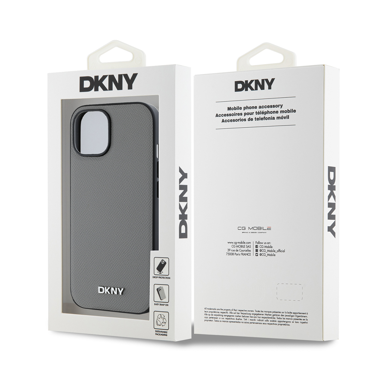 Custodia grigia DKNY per telefono in confezione con informazioni sul prodotto.