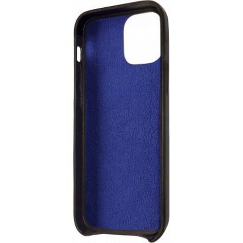 Custodia nera con interno blu, ritaglio in alto a destra.