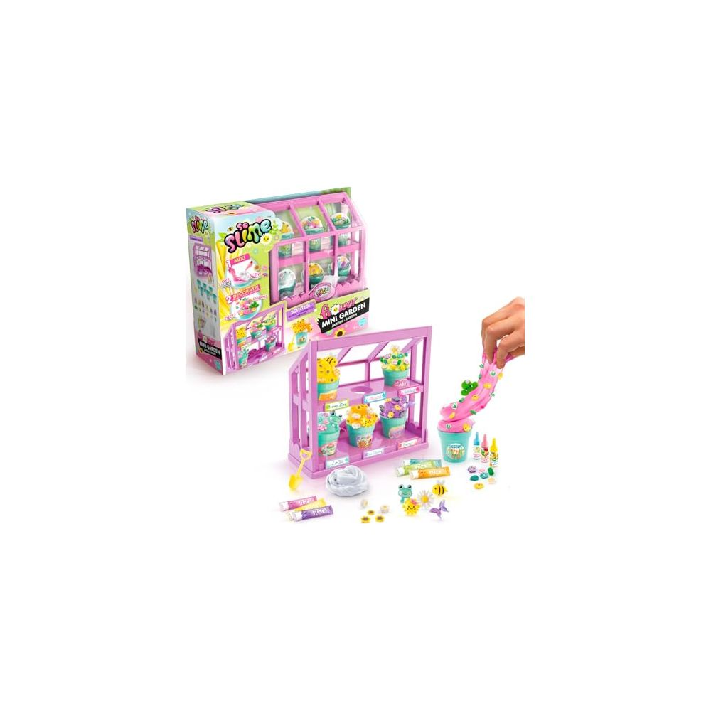 Un set de juego de mini jardín con invernadero, macetas, figuras y slime.