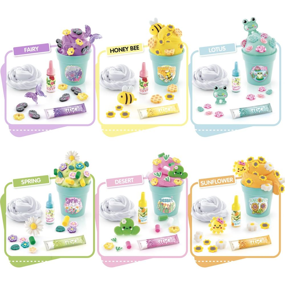 Seis kits de slime: Temas de Hada, Abeja, Loto, Primavera, Desierto, Girasol.