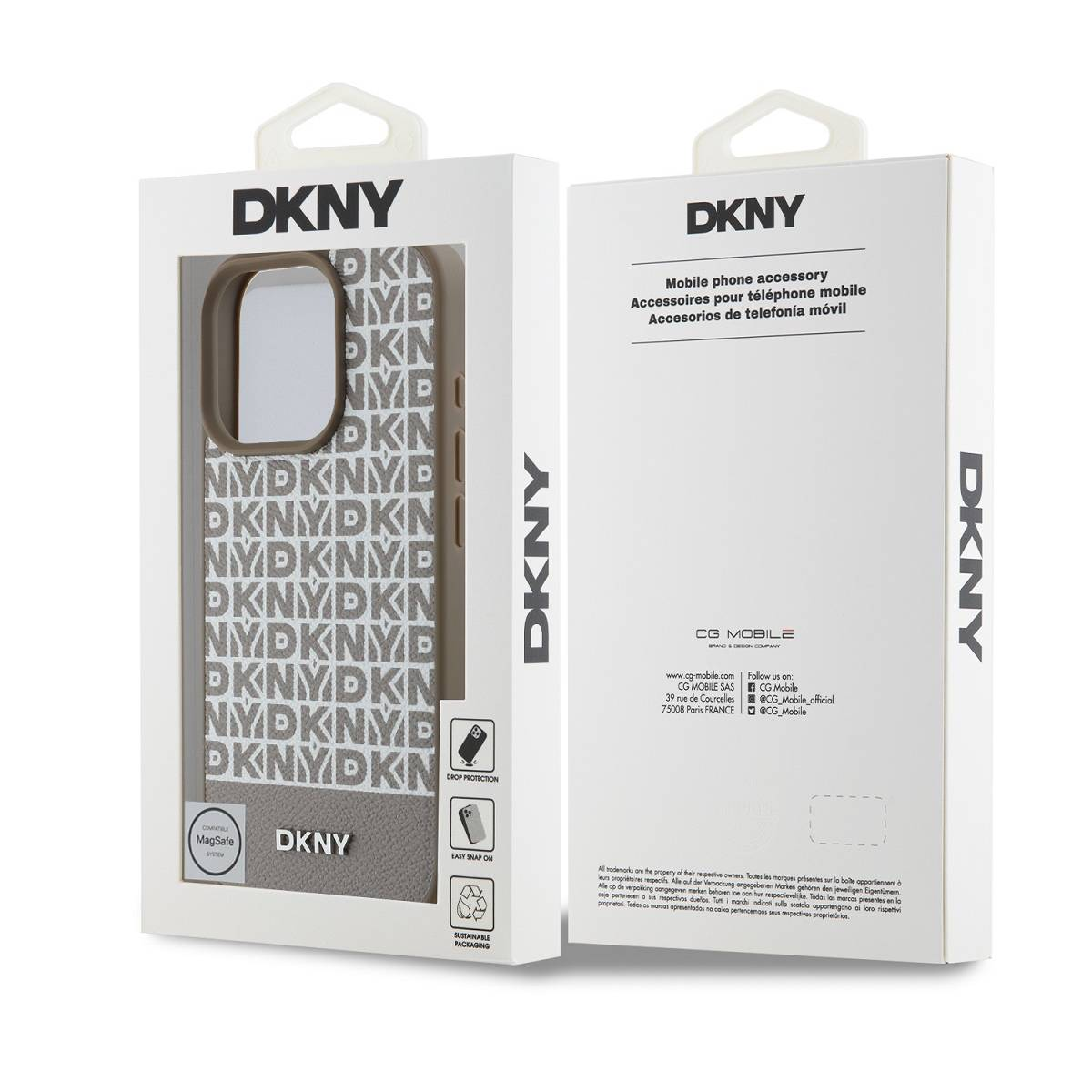 Confezione accessorio telefono DKNY con logo DKNY ripetuto e compatibilità MagSafe.