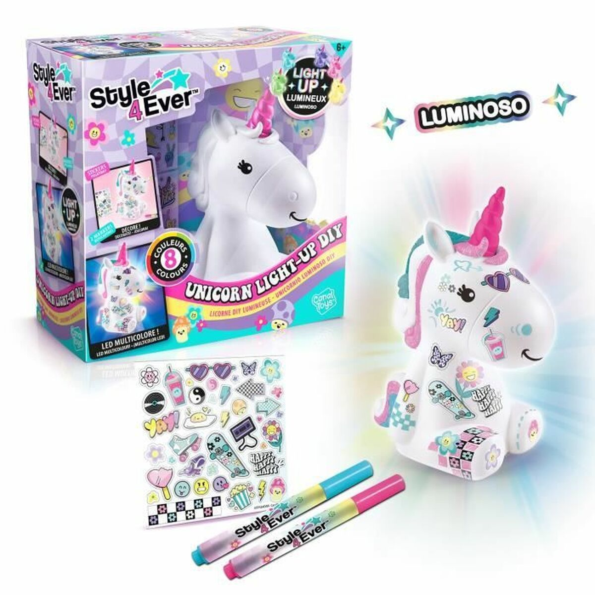 Kit "Hazlo tú mismo" unicornio luminoso Style 4 Ever con pegatinas.