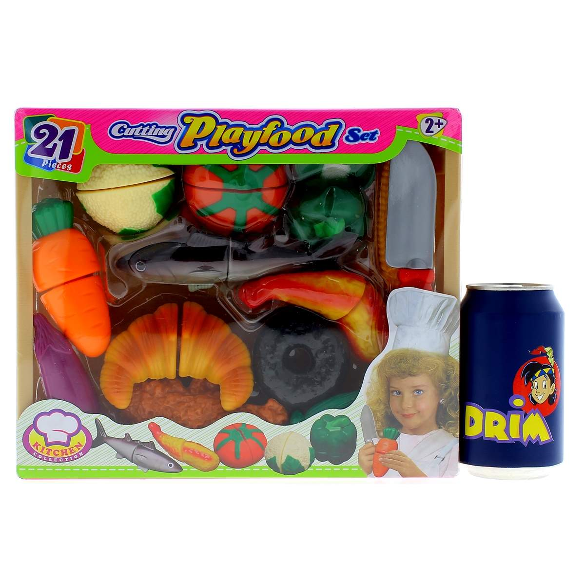 Juego de cortar comida de juguete con frutas y verduras, al lado de una lata azul.
