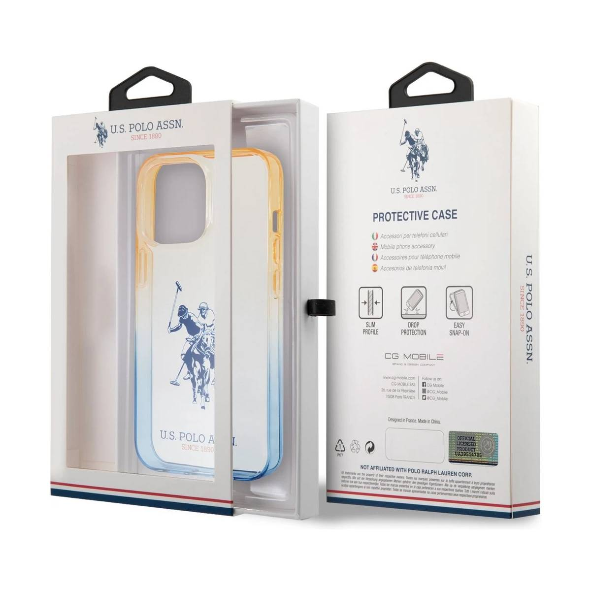 Una cover trasparente per telefono con motivo polo nella sua confezione.