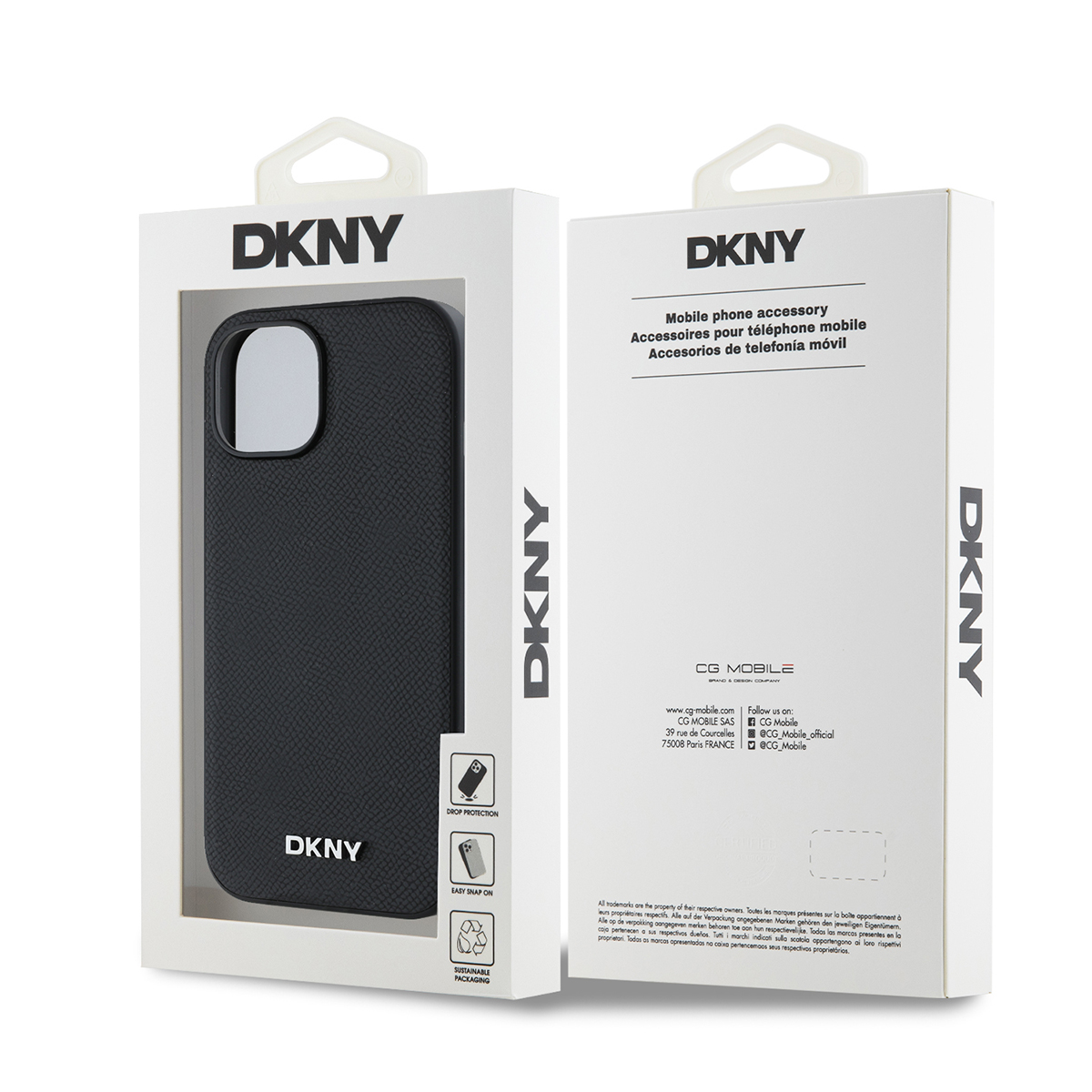 Confezione DKNY con cover nera per telefono, fronte con finestra.