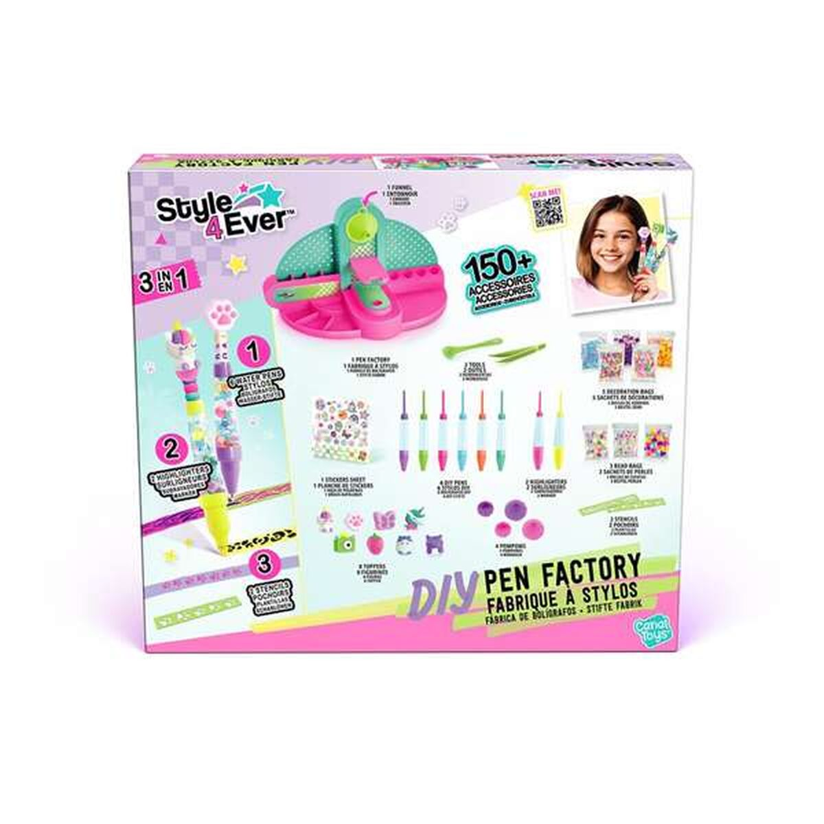 Caja para un set de fábrica de bolígrafos DIY con bolígrafos, pegatinas y accesorios.