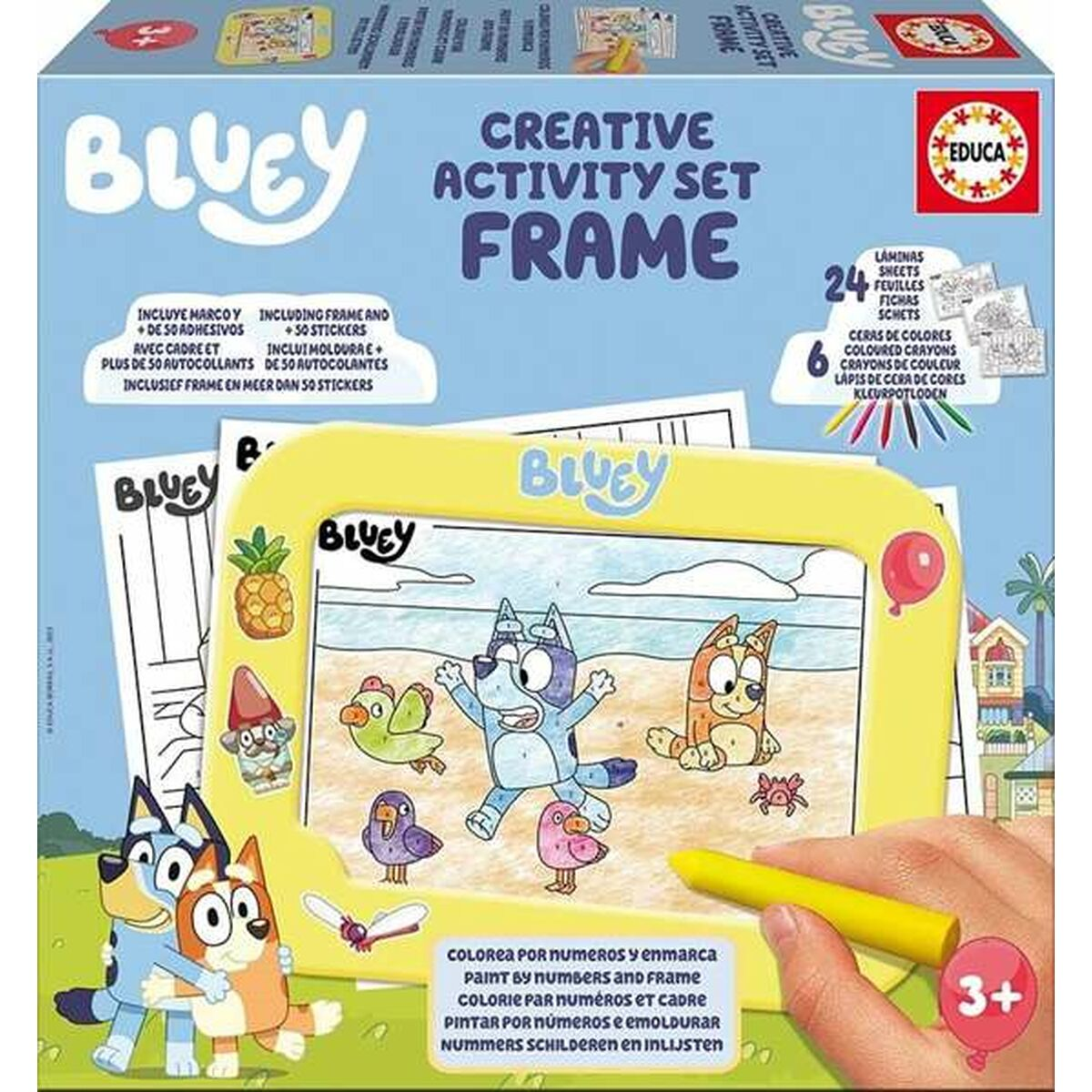 Set de Actividades Creativas Bluey con marco, láminas y crayones.